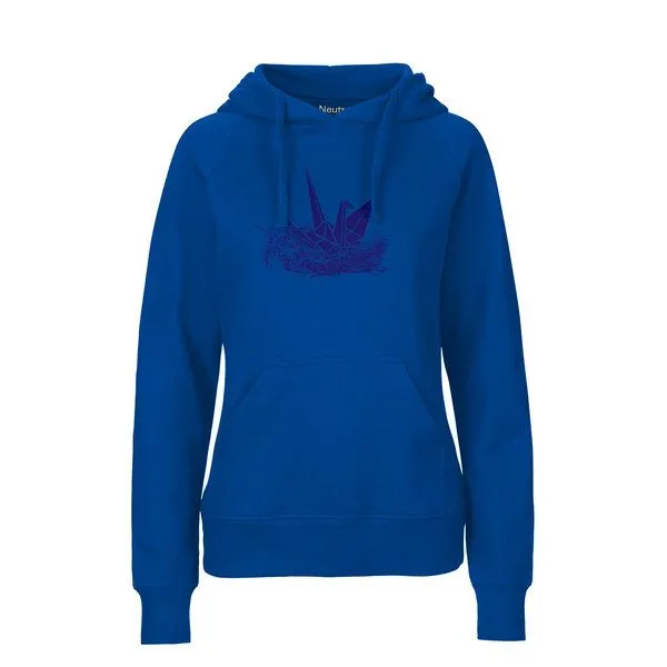 HANDGEDRUCKT HANDGEDRUCKT "Origami-Kranich" Frauen HOODY aus reiner Biobaumwolle (kbA), Royal, – Produktbild 1 von 4