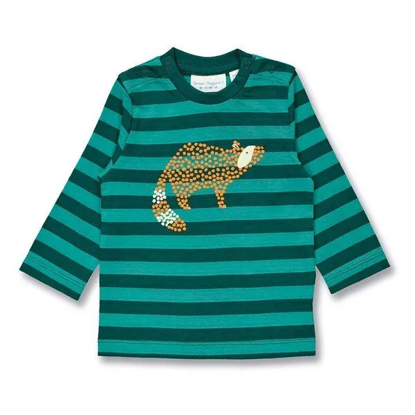 Sense Organics Sense Organics Baby Langarmshirt, Modell ELAN, Petrolgrün geringelt mit waschbär, – Produktbild 1 von 4