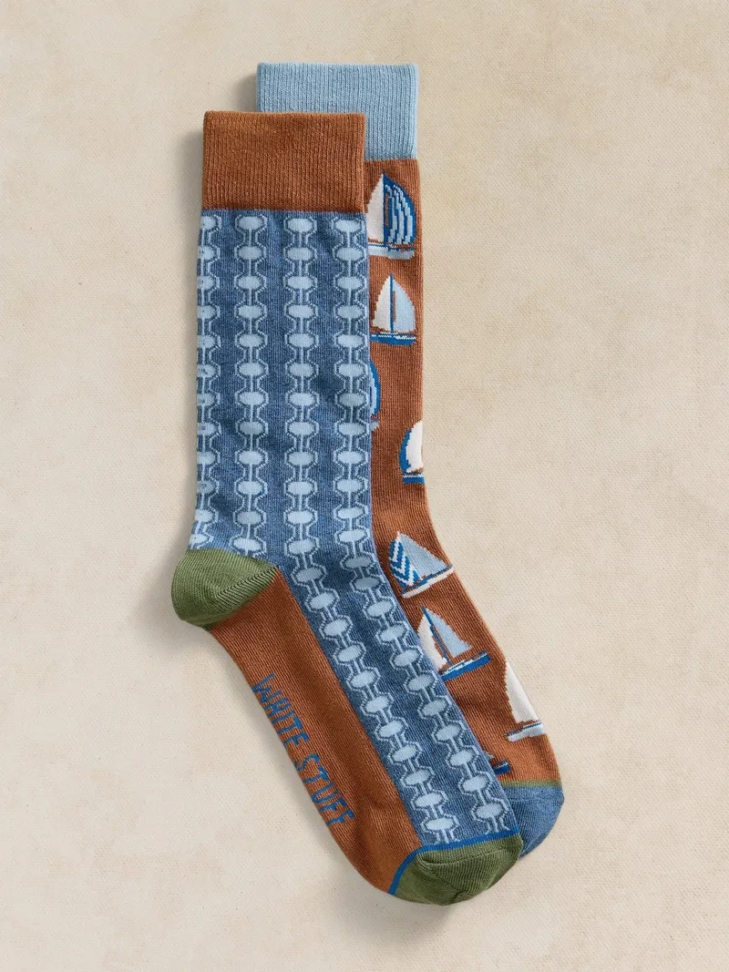 White Stuff 2-er Pack Socken Segelmotiv - 44-46, Dunkelgelbgrün, – Produktbild 1 von 2