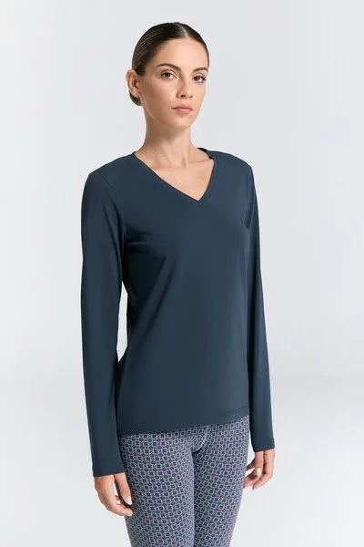 Leela Cotton Leela Cotton Damen V-Neck Langarmshirt, Navy, – Produktbild 2 von 5