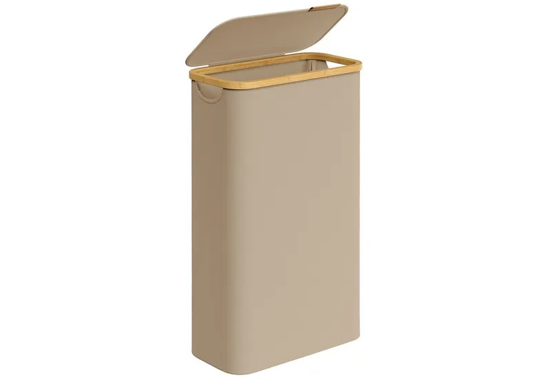 SONGMICS SONGMICS Wäschekorb mit Deckel, herausnehmbarer Einsatz, Bambus‑Rahmen, Oxford‑Gewebe, 65 L, 42 x 22,5 x 70,5 cm, mit Deckel, platzsparend, Griffe aus Bambus, Braun, – Produktbild 1 von 5