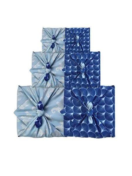 FabRap Gift Wrap FabRap Gift Wrap Wiederverwendbare Geschenkverpackung Furoshiki Set mit drei Größen (doppelseitig), Indigo fans & sky elephants, – Produktbild 2 von 4