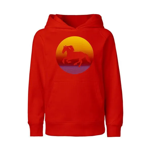 HANDGEDRUCKT HANDGEDRUCKT "Sunsethorse" Kinder Hoody aus reiner Biobaumwolle (kbA), Red, – Produktbild 1 von 4