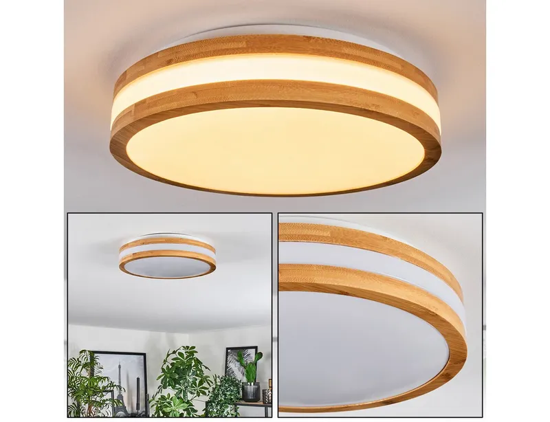 hofstein Deckenleuchte moderne Deckenlampe aus Metall/Bambus/Kunststoff in Weiß/Natur, LED wechselbar, 3000 Kelvin, Leuchte im angesagten Boho-Design (28, 5cm), 1700 Lumen, LED 16 W, Beige|weiß, – Produktbild 1 von 5