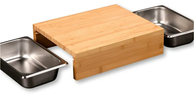 Kesper Kesper Schneidebrett mit 2 herausziehbaren Auffangschalen, Bambus, Edelstahl, (Set, 3-St., 1 Brett + 2 Schalen), Gastro-Norm 1/2, Beige, – Produktbild 3 von 4
