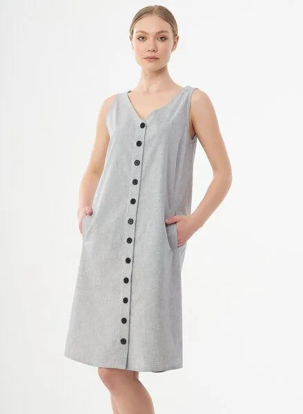 ORGANICATION ORGANICATION Geknöpftes Kleid aus Bio-Baumwolle mit Streifenmuster, Shadow/off white, – Produktbild 2 von 3