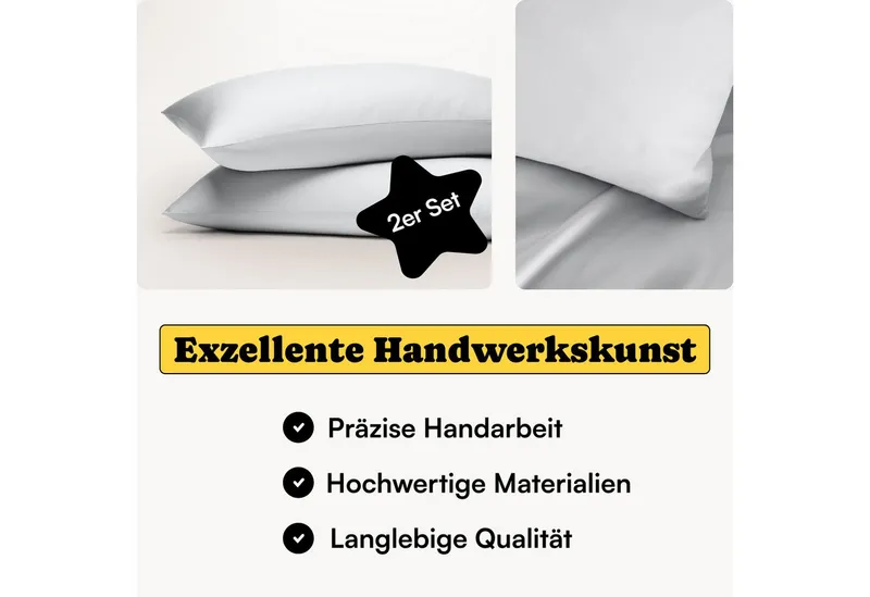 Seralino Kissenbezüge Mako Satin Kissenbezug (100% Bio Baumwolle) weich, hautfreundlich, (2 Stück), Fairtrade/ GOTS zertifizierte uni Kissenhülle mit Reißverschluss, Grau, – Produktbild 2 von 5