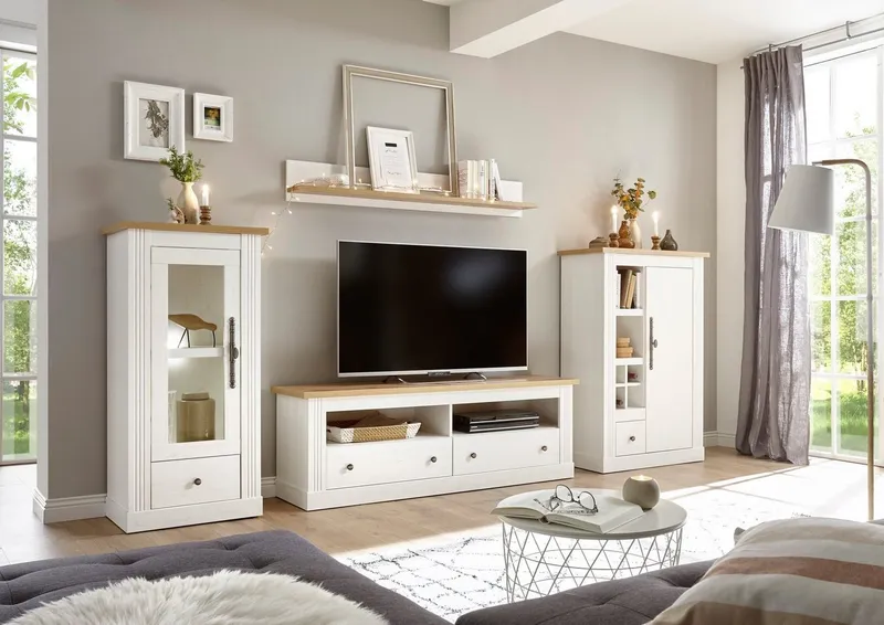 OTTO home Wohnwand Westminster, Anbauwand im Landhausstil, Komplettset, Wohnzimmer-Set, (Set, 4-St), Set besteht aus 1 Vitrine, 1 Lowboard, 1 Kommode und 1 Wandregal, Weiß, – Produktbild 2 von 8