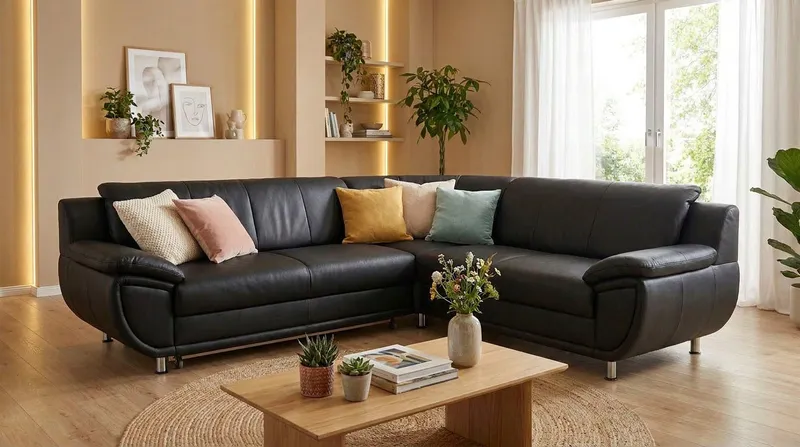 TRENDMANUFAKTUR Ecksofa Rondo 267 cm, elegant, bequem, Breite, L-Form, Chromfüße, L-Form, wahlw.mit Federkern, Füße chromfarben, Unser Dauertiefpreis, Schwarz, – Produktbild 1 von 8