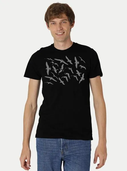 Peaces.bio - handbedruckte Biomode Peaces.bio - handbedruckte Biomode Fit T-Shirt Möwen Herren, Schwarz, – Produktbild 1 von 2