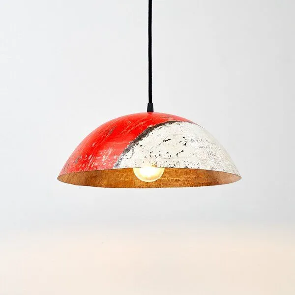 Moogoo Creative Africa Moogoo Creative Africa Kleine Deckenleuchte aus recycelten Ölfässern 34cm Durchmesser Industrial Design Upcycling, Rot&weiss, – Produktbild 2 von 4