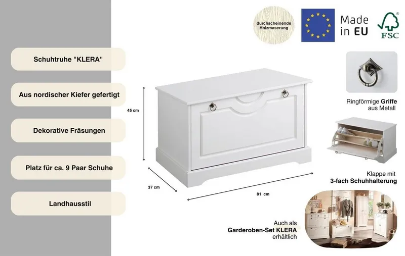 OTTO home Schuhtruhe Klera, Schuhbank, mit dekorativen Fräsungen, Lanhausstil (Made in Europe), Breite 81 cm, aus massiver Kiefer, FSC®-zertifiziert, Weiß, – Produktbild 3 von 5
