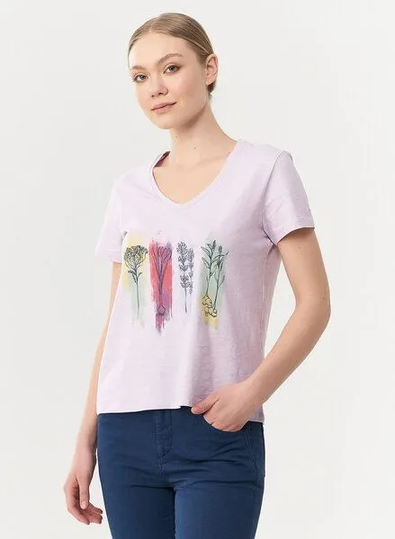 ORGANICATION ORGANICATION T-Shirt aus Bio-Baumwolle mit Blumen-Print, Lavender fog, – Produktbild 3 von 4