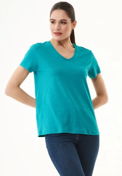 ORGANICATION ORGANICATION Damen Basic T-Shirt aus Bio-Baumwolle mit V-Ausschnitt, Emerald, – Produktbild 1 von 4