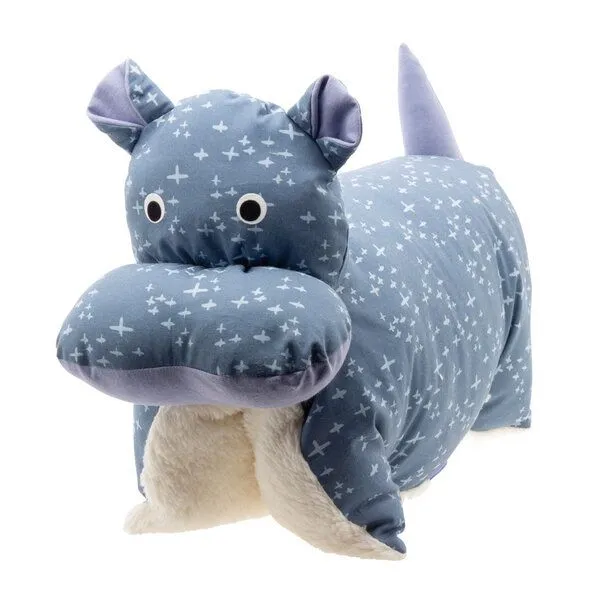 Flosinn Flosinn Kuscheltierkissen Nilpferd mit Teddyplüsch aus Baumwolle Personalisierbar, Blau, – Produktbild 1 von 6