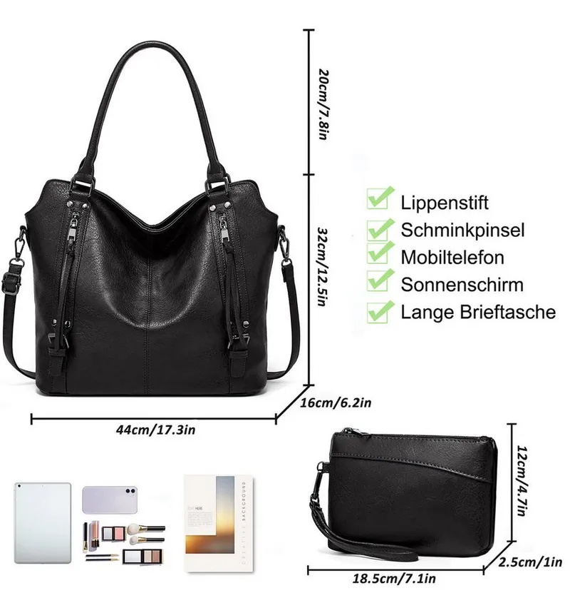 TANTOMI Handtasche Damen Schultertasche Groß Shopper Vegan Handtasche, Handtaschen Umhängetasche Geldbörse Damen Taschen 2-Tlg, Schwarz, – Produktbild 5 von 5