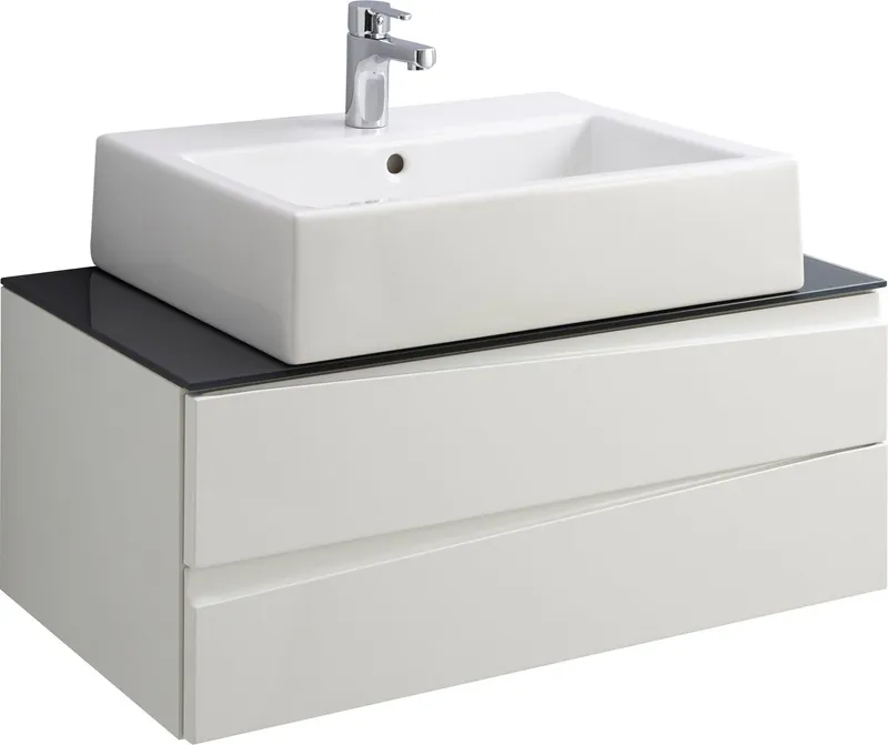 byLIVING Waschbeckenschrank Shape (1-St) für Aufsatzbecken mit asymetrischer Hochglanz Front, 2 Schubkästen, Weiß, – Produktbild 4 von 5
