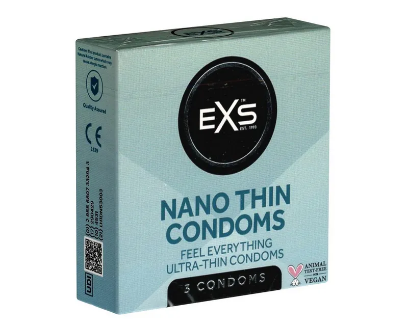 EXS Kondome Nano Thin - superdünne Kondome mit der dünnsten Wandstärke Packung mit, 3 St., extra dünne Kondome für echtes Gefühl, samtige Oberfläche, perfekte Wärme-Übertragung, Weiß, – Produktbild 1 von 1
