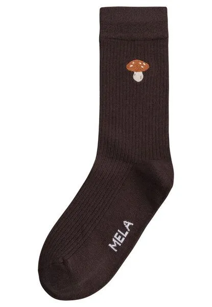 MELA MELA Gerippte Socken Stickerei 1 Paar aus 100% Bio-Baumwolle, Dunkelbraun / mushroom, – Produktbild 2 von 5