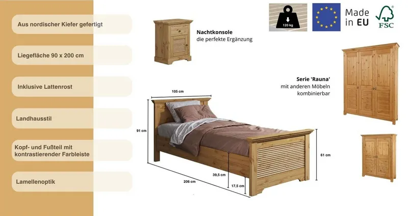OTTO home Bett Rauna, Landhausstil, edles Design mit Lamellen und Kassetten, 2 Farben (Breite/Belastbarkeit 180cm=220 KG, 90cm=120KG), FSC® zertifiziertes Kieferholz, massive Qualität mit Lattenrost, Beige, – Produktbild 3 von 8