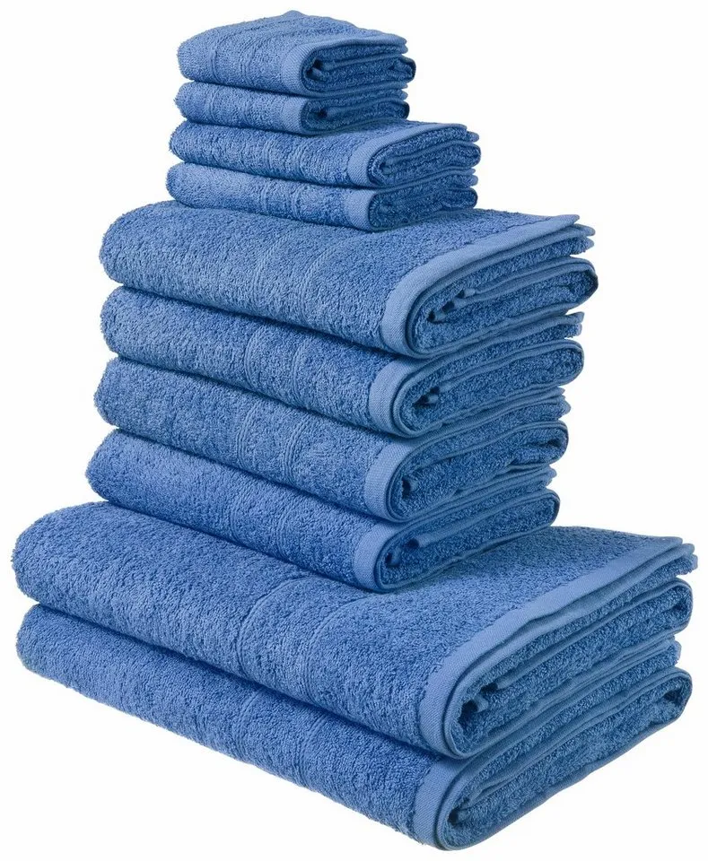OTTO home Handtuch Set Inga, 3 Qualitäten, Duschtücher, Handtücher, Gästetücher, Seiftücher, Walkfrottier (10-St), Handtücher mit feiner Bordüre, 100% Baumwolle, Blau, – Produktbild 2 von 8
