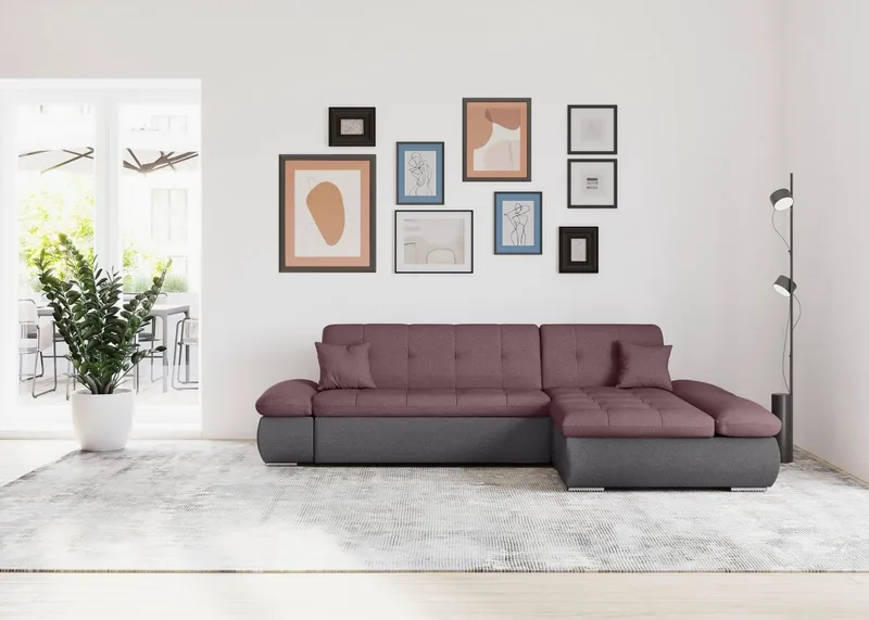 DOMO collection Ecksofa MORIC 300x172 cm, XXL-Sofa mit viel Platz, L-Form, auch in Cord, wahlweise mit Bettfunktion und Armteilverstellung, grau-beere, Grau, – Produktbild 1 von 5