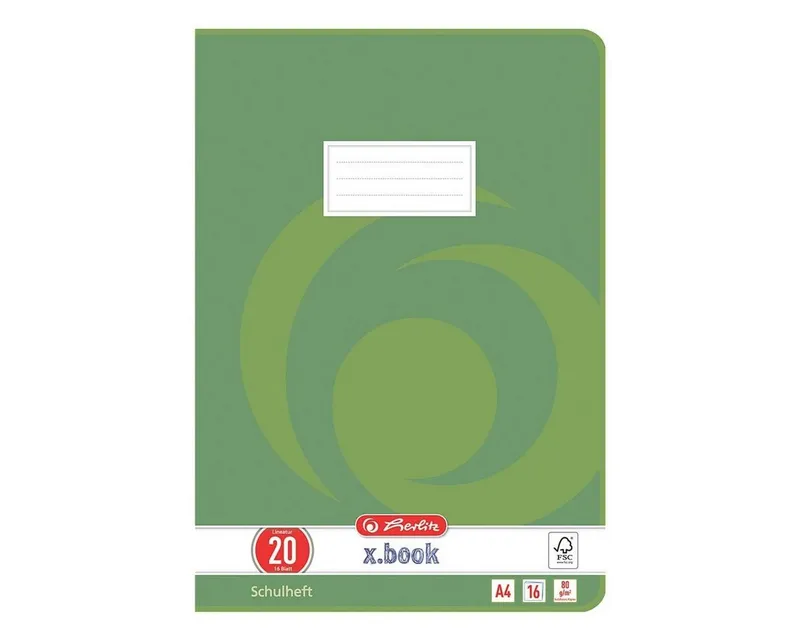 Herlitz Herlitz Schulheft x.book, A4, blanko (Lineatur 20), ungelocht, 16 Blatt, Grün|weiß, – Produktbild 1 von 1