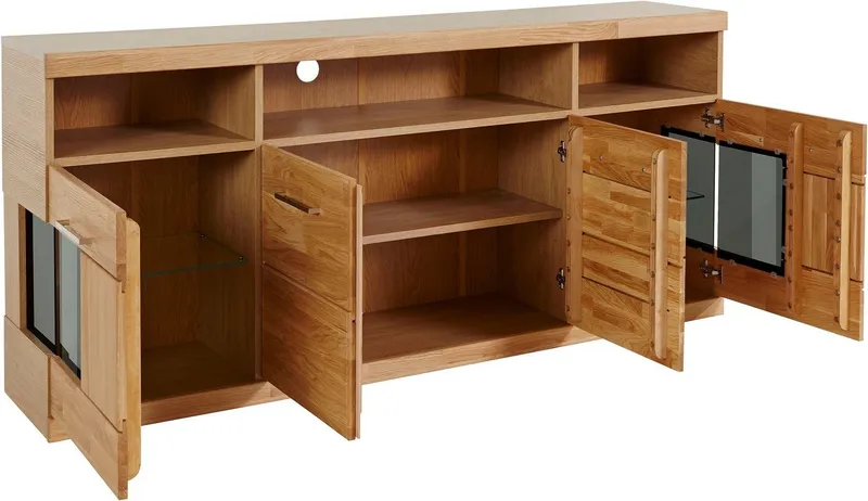 OTTO home Sideboard RIBE20 Fronten massiv,Korpus Melamin, 2 Türen mit Glaseinsatz, B/T/H: 180/35/80cm, 3 offene Fächer und 6 geschlossene, Braun, – Produktbild 5 von 5