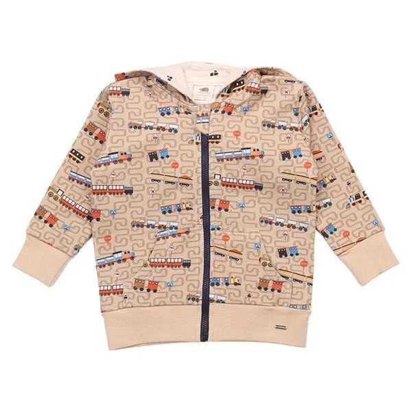 Walkiddy Walkiddy Kinder Sweatjacke GOTS zertifiziert, braun, Zug-Allover „Tiny Trains“, Reißverschluss, weich, Braun, – Produktbild 1 von 2