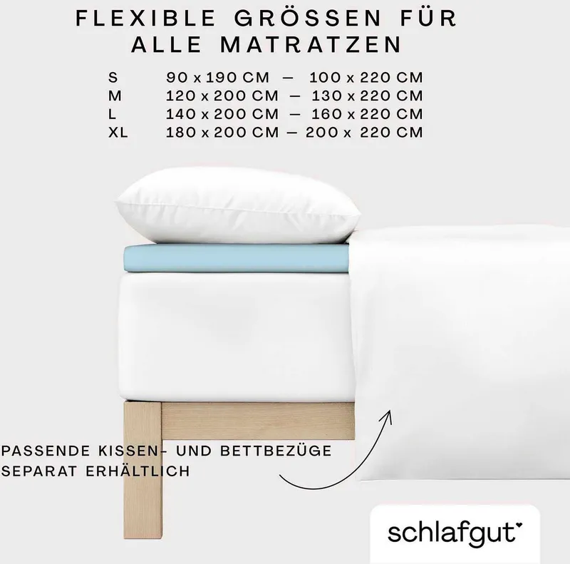 Schlafgut Schlafgut Spannbettlaken PURE TOPPER Bio-Baumwolle mit Elasthan 170 g/m² für Topper bis 10 cm, Jersey-Elasthan, Gummizug: rundum, (1 Stück), PREMIUM Laken für Matratzen bis 10 cm Höhe, dehnbar, blickdicht, Blau, – Produktbild 1 von 5
