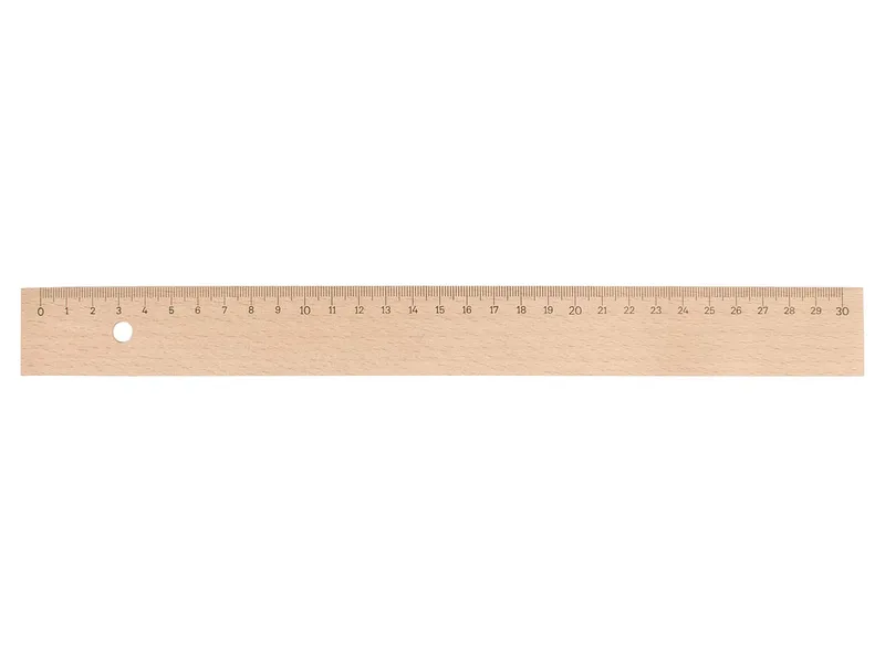 Memo Holzlineal 30 cm aus Buchenholz mit Metalleinlage und Bohrung – Produktbild 1 von 1