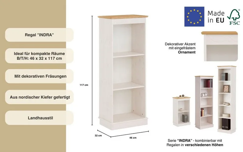 OTTO home Bücherregal Indra, Standregal, Regal, aus Massivholz, aus massiver Kiefer, in verscheidenen Höhen, mit FSC®, Weiß, – Produktbild 1 von 8