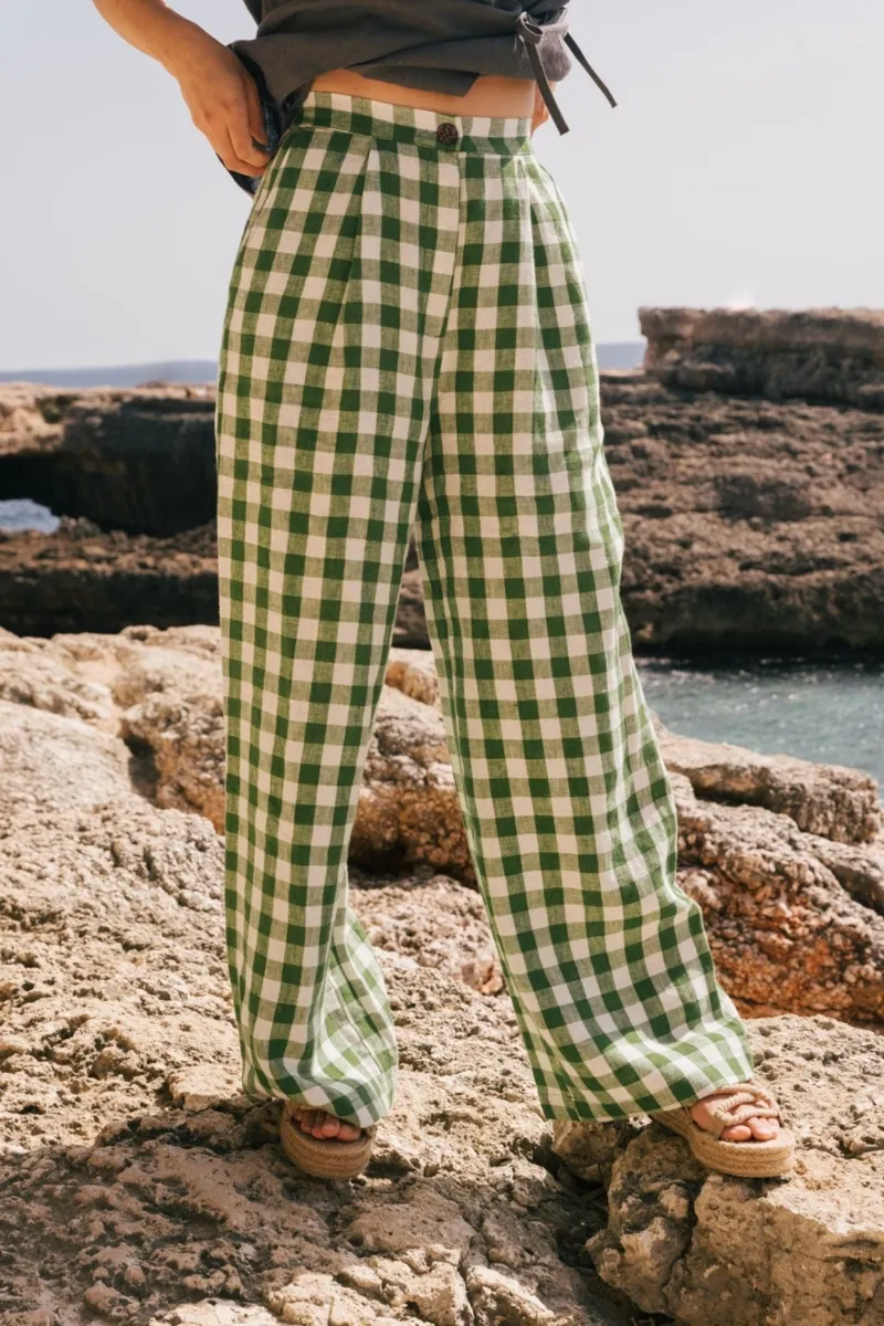 AmourLinen AmourLinen Damen vegan Hose Lydia Green Gingham, Grün, – Produktbild 2 von 2