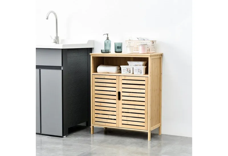 en.casa Midischrank »Eslöv« Badezimmerschrank 81x65,5x31cm Bambus, Beige, – Produktbild 2 von 5