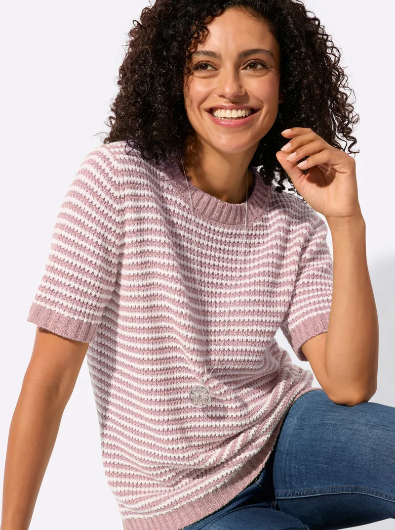 Witt Kurzarmpullover, Mauve-ecru-geringelt, – Produktbild 2 von 2