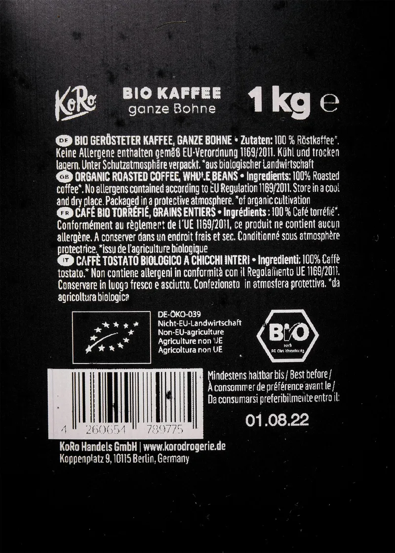 KoRo Bio Kaffee Crema ganze Bohne 1 kg – Produktbild 1 von 5
