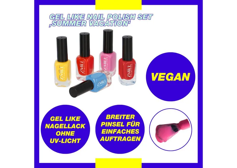 ZMILE COSMETICS Nagellack-Set Gel Like Nail Polish Set 'Summer Vacation', 5-tlg., mit veganer Formulierung, Bunt, – Produktbild 3 von 6