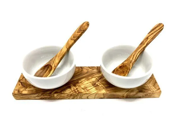 Olivenholz erleben Olivenholz erleben Dipschalenset KLASSIK Porzellan rund inkl. 2 Löffel aus Olivenholz – Produktbild 1 von 4