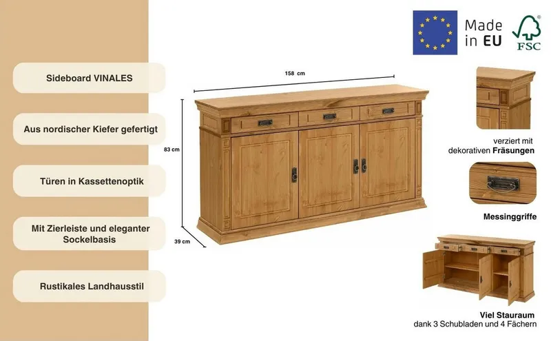 OTTO home Sideboard Vinales, kommode 3 Schubläden, 3 Türen, 2 Einlegeböden (B/T/H: 155/39/83 cm), Messinggriffe im Jugendstil, Zierleiste und eleganter Sockel, Beige, – Produktbild 3 von 5