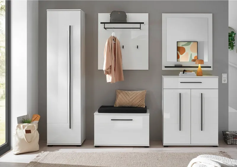 Furn.Design Garderoben-Set Design-D, (Komplett-Set in Weiß Hochglanz, 6-St., 230 x 200 cm), inklusive Sitzkissen, Soft-Close-Funktion, Weiß, – Produktbild 3 von 5