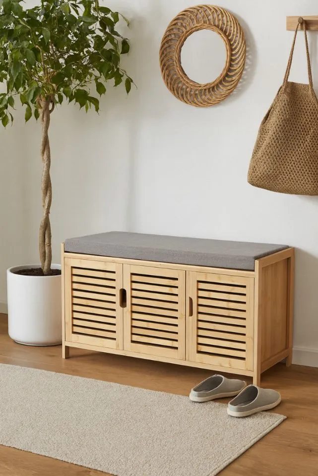 AD.CON Schuhbank Schuhbank aus Bambus mit Schrank und Sitzkissen Sitzbank Schuhregal, Grau, – Produktbild 3 von 5