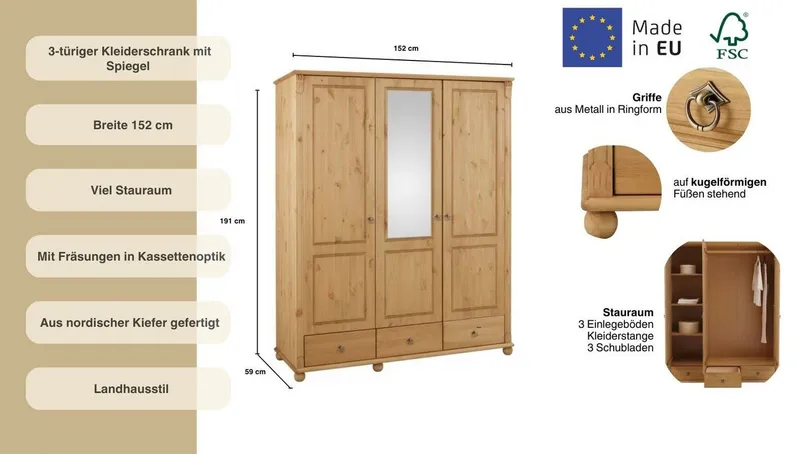 OTTO home Kleiderschrank Tessin, Dretürenschrank, 3-türig (B/H/T ca. 152/191/59 cm) Breite 152 cm, Kiefer massiv, mit Spiegel und 3 Schubladen, Beige, – Produktbild 4 von 5