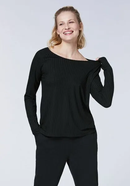 Detto Fatto Detto Fatto Fein geripptes Longsleeve aus Viskose-Elasthanmix, Schwarz (black), – Produktbild 1 von 4