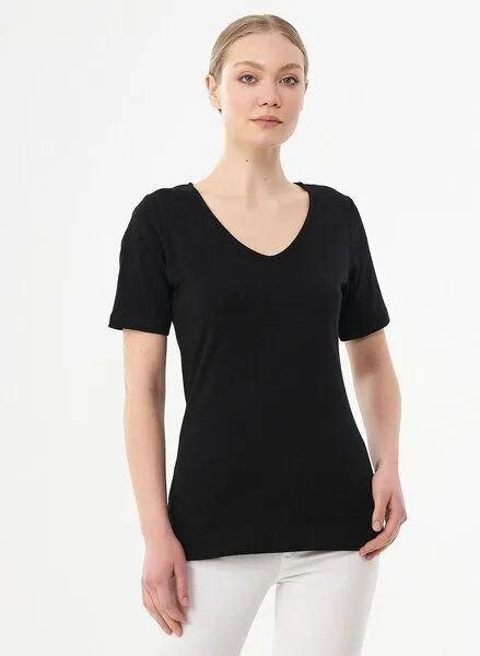 ORGANICATION ORGANICATION Geripptes T-Shirt aus Bio-Baumwolle mit V-Ausschnitt, Black, – Produktbild 1 von 4