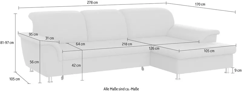 DOMO collection Ecksofa FRANZI 278x170x81 cm, Steppung im Sitzbereich, L-Form, ohne Funktion, Flachgewebe, Grau, – Produktbild 8 von 8