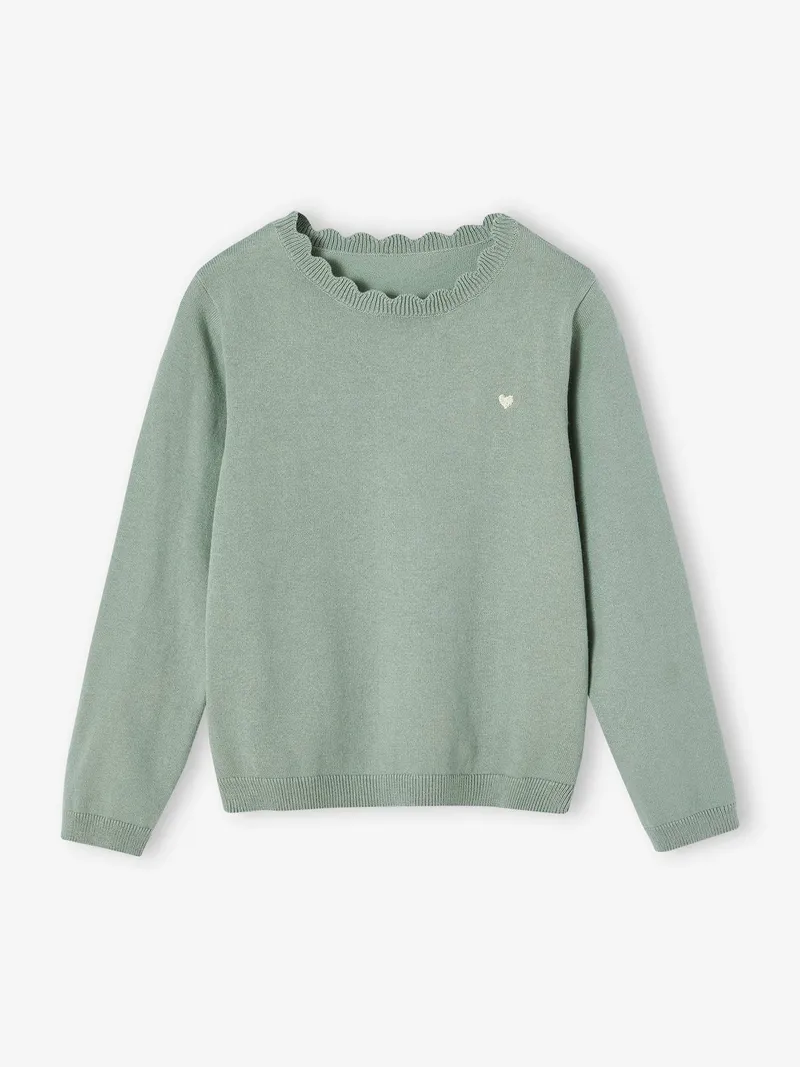 Vertbaudet Mädchen Pullover mit Herz-Stickerei & Wellenausschnitt BASIC, Graugrün, – Produktbild 1 von 3