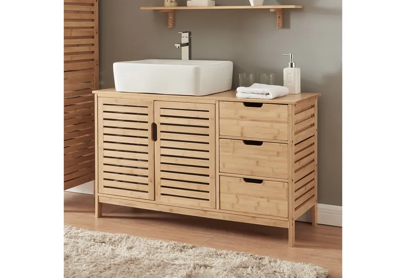en.casa Waschbeckenunterschrank »Boksereys« Badezimmerschrank 60 x 100 x 35 cm Bambus Natur, Beige, – Produktbild 2 von 4