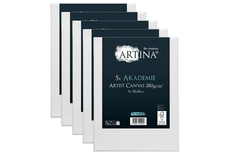 Artina Keilrahmen Akademie Leinwand, 18x24cm, Weiß, 5er Set, FSC, 100% Baumwolle, Canvas, 280 g/m², vorgrundiert, Galerieheftung & gefaltet, Weiß, – Produktbild 3 von 5