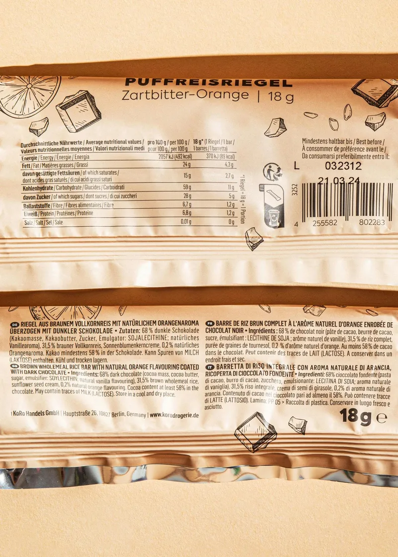 KoRo Puffreisriegel in Zartbitterschokolade mit Orange 18 g – Produktbild 3 von 5