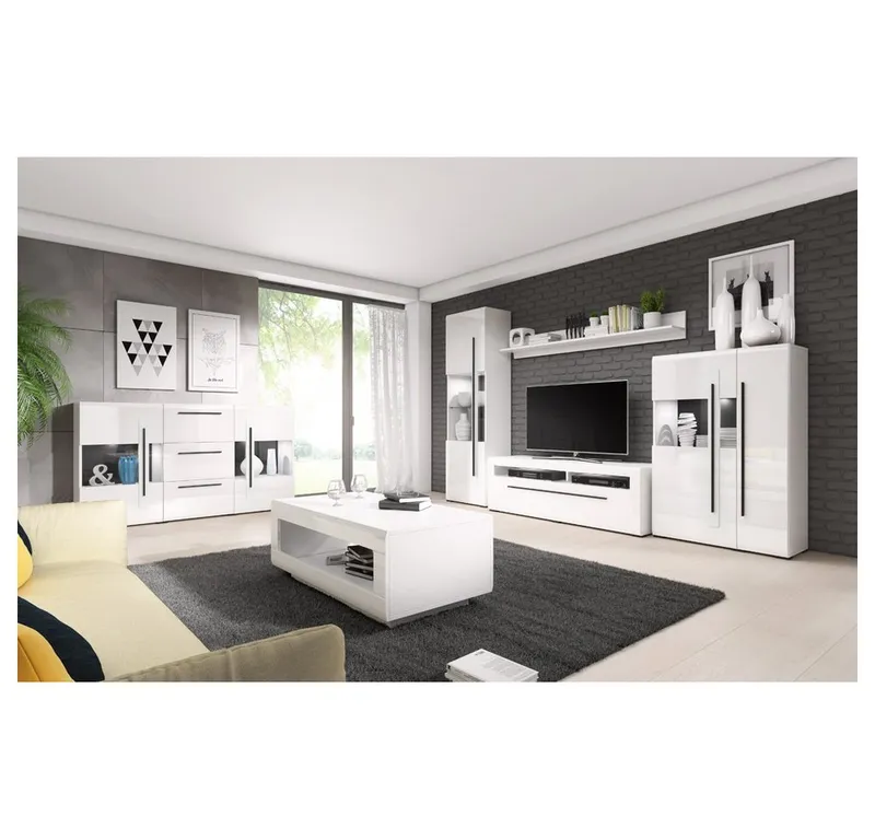 Lomadox Wohnzimmer-Set TURDA-83, (Mega-Spar-Set, 6-St., 6-tlg), weiß mit Absetzungen in schwarz 320/204/50 cm, Weiß, – Produktbild 1 von 5
